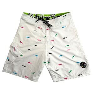 Maui and Sons Mens Neon Shark Board Shorts Size 34 Surf Water Sports Beach